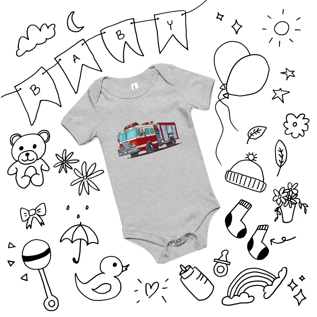 Fire Truck Baby Onesie — Fire Engine Art Baby Bodysuit, Newborn Gift for Future Firefighters and Truck-Loving Families