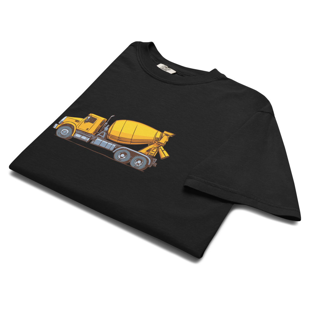 T-Shirt with Concrete Mixer Truck #1 on Heavyweight - Original Construction Truck Art, Garment-Dyed Tee