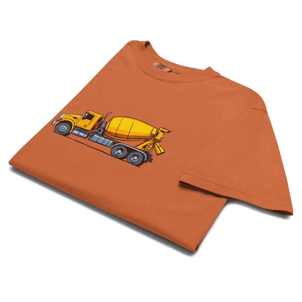 T-Shirt with Concrete Mixer Truck #1 on Heavyweight - Original Construction Truck Art, Garment-Dyed Tee